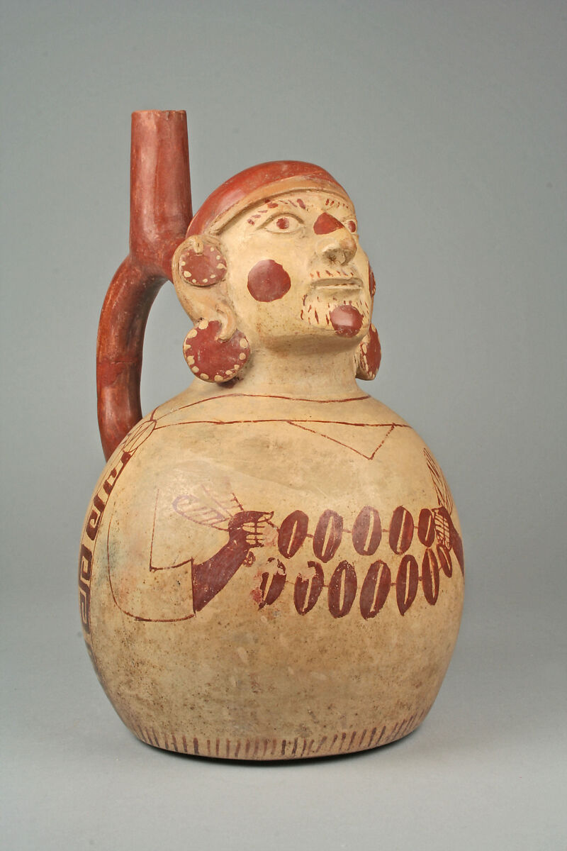 Stirrup Spout Bottle with Figure, Ceramic, pigment, Moche 