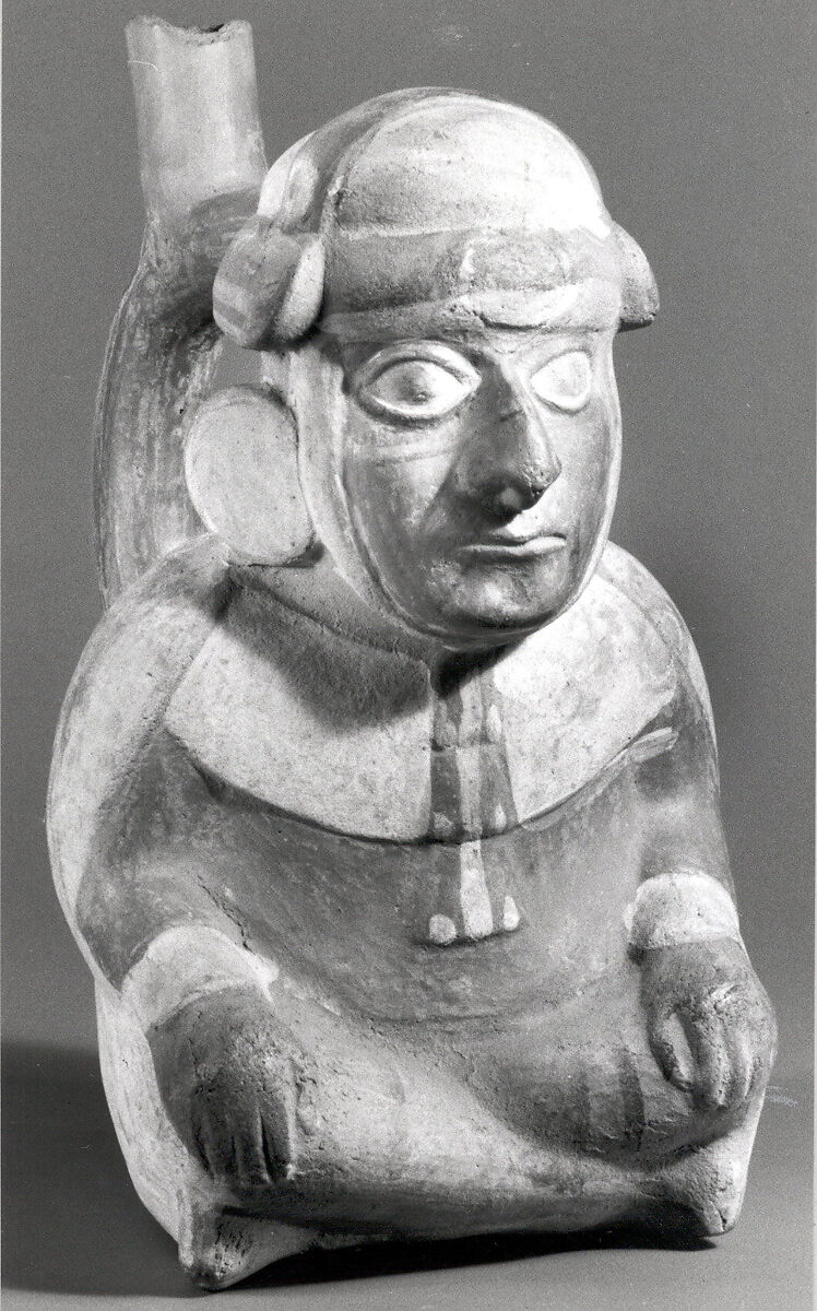 Bottle, Seated Figure, Ceramic, pigment, Moche