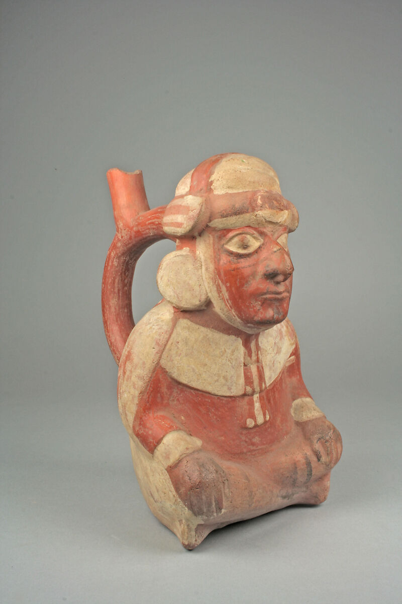 Bottle, Seated Figure, Ceramic, pigment, Moche 