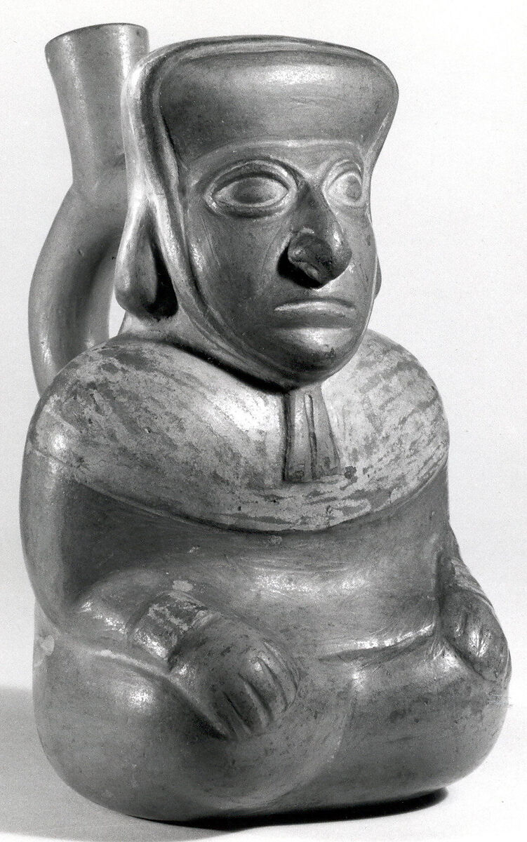 Bottle, Seated Figure, Ceramic, pigment, Moche