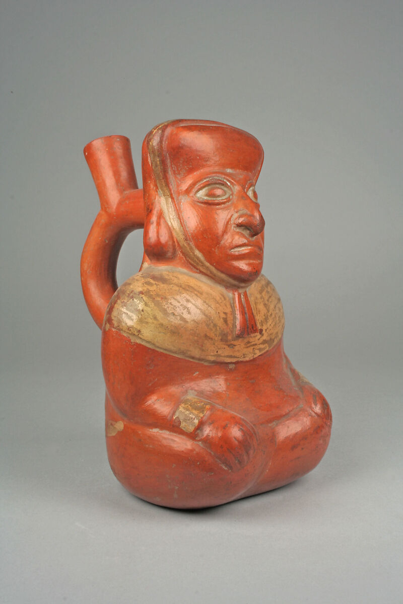 Bottle, Seated Figure, Ceramic, pigment, Moche 