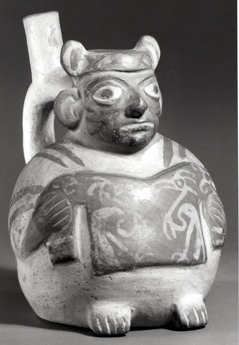 Bottle, Figure Showing Tunic, Ceramic, pigment, Moche