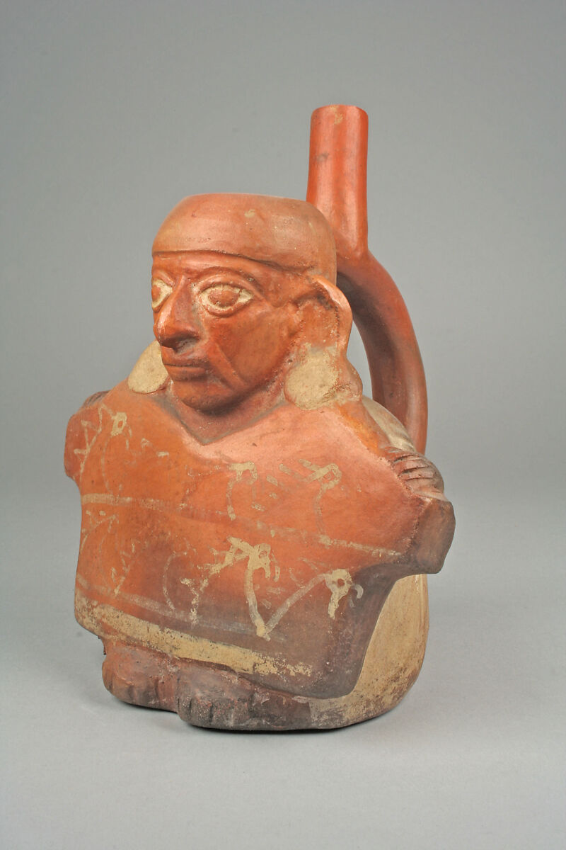 Bottle, Figure Showing Tunic, Ceramic, pigment, Moche 