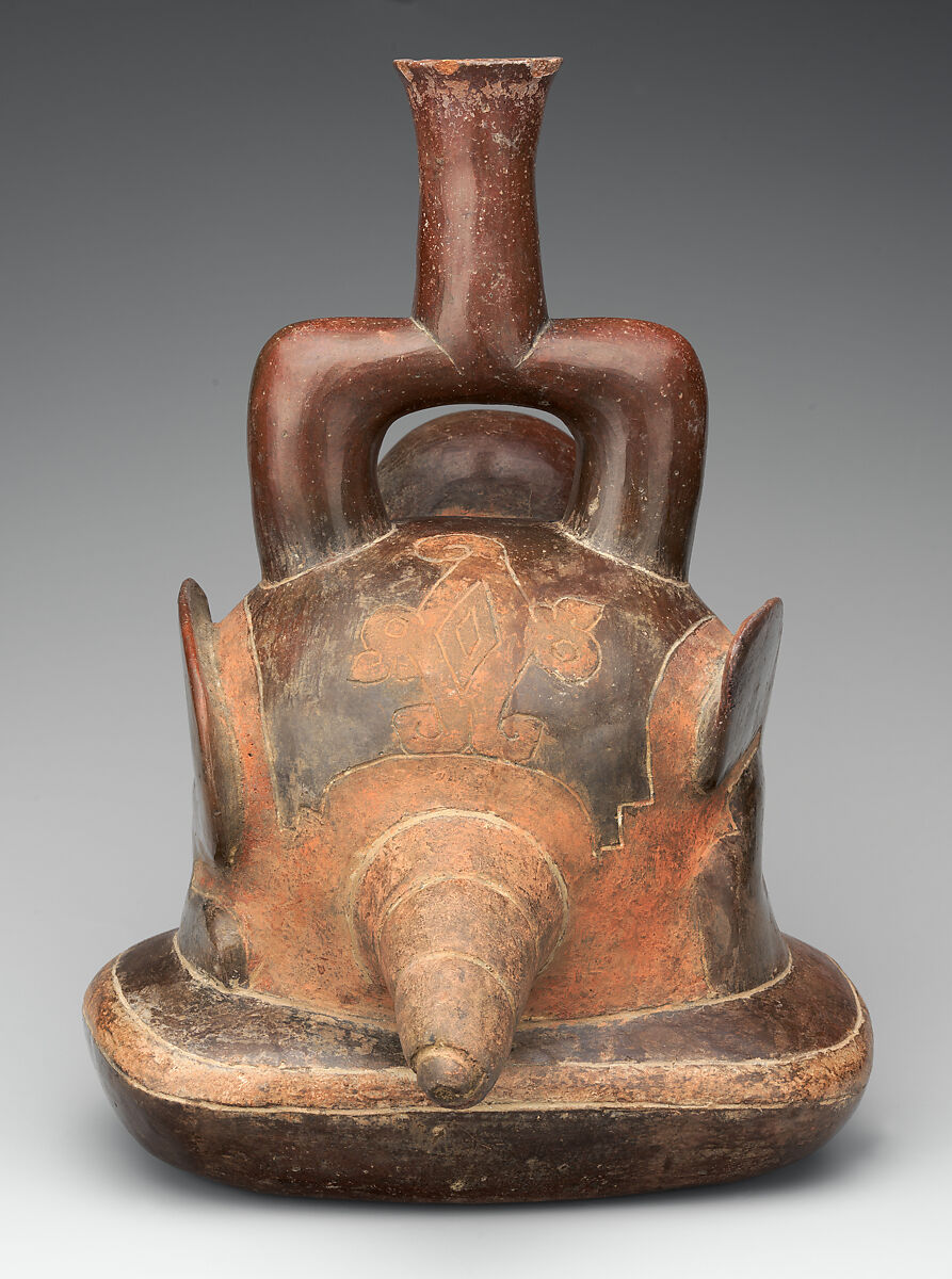 Stirrup-spout vessel with figure in a shell, Cupisnique artist(s), Ceramic, slip, post-fire paint, Cupisnique