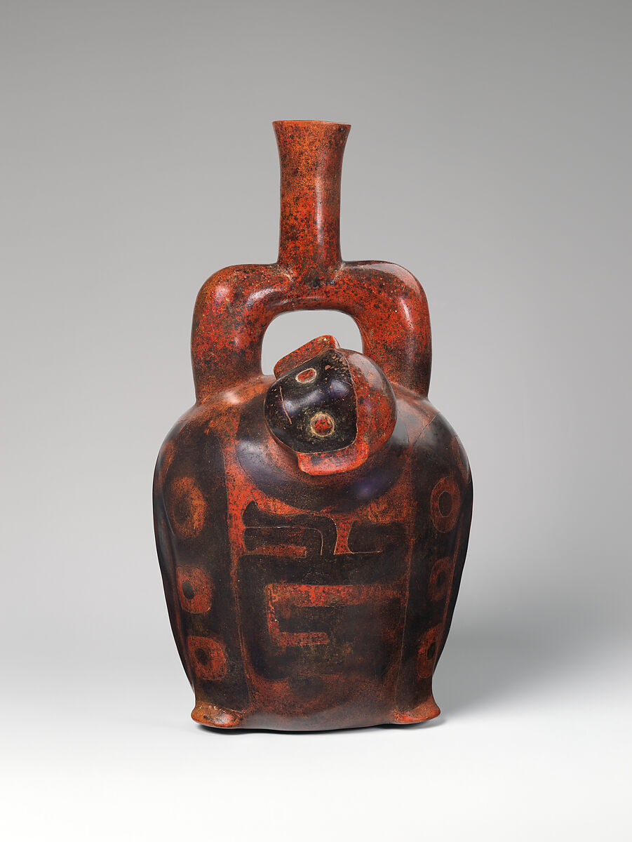 Stirrup-spout bottle with monkey and snake, Cupisnique artist(s), Ceramic, Cupisnique