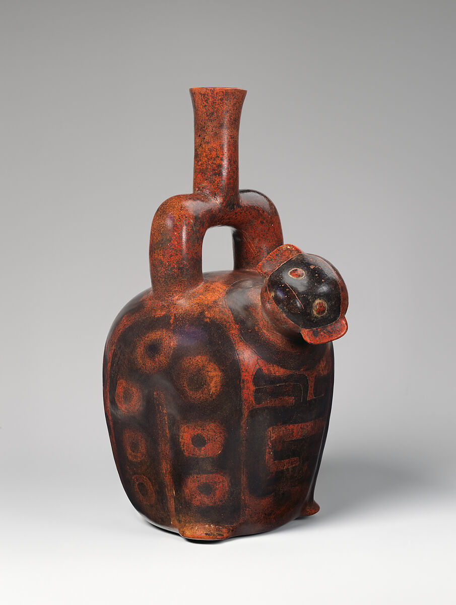 Stirrup-spout bottle with monkey and snake, Cupisnique artist(s), Ceramic, Cupisnique 