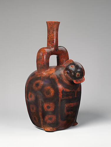 Stirrup-spout bottle with monkey and snake