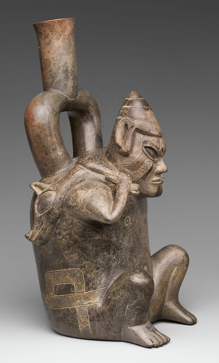Stirrup-spout bottle with figure carrying deer, Cupisnique artist(s), Ceramic, Cupisnique