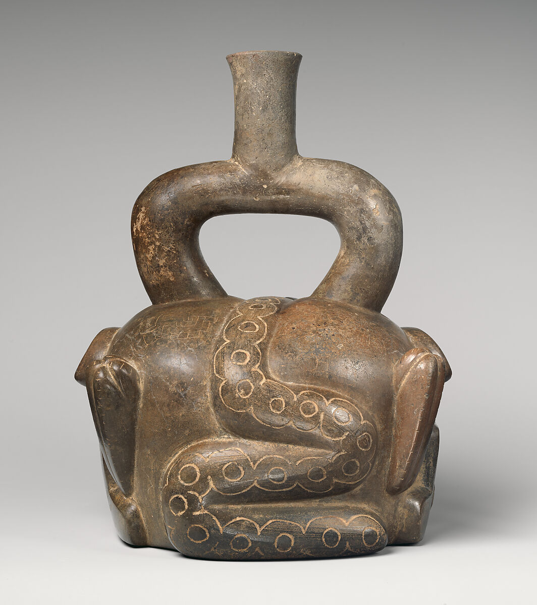 Stirrup-spout bottle with feline and snake, Cupisnique artist(s), Ceramic, Cupisnique