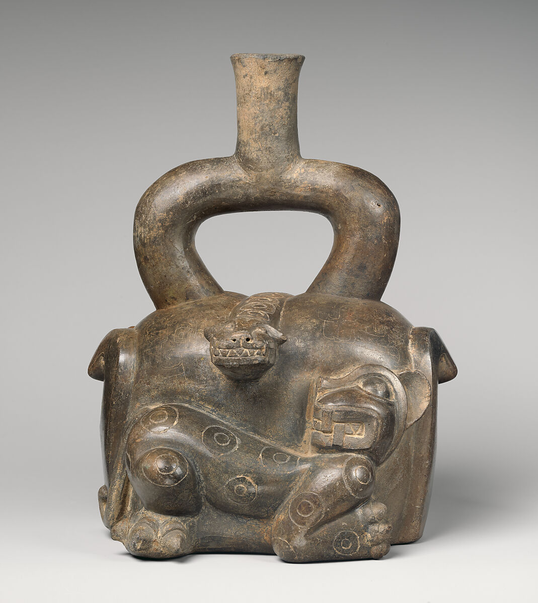 Stirrup-spout bottle with feline and snake, Cupisnique artist(s), Ceramic, Cupisnique 