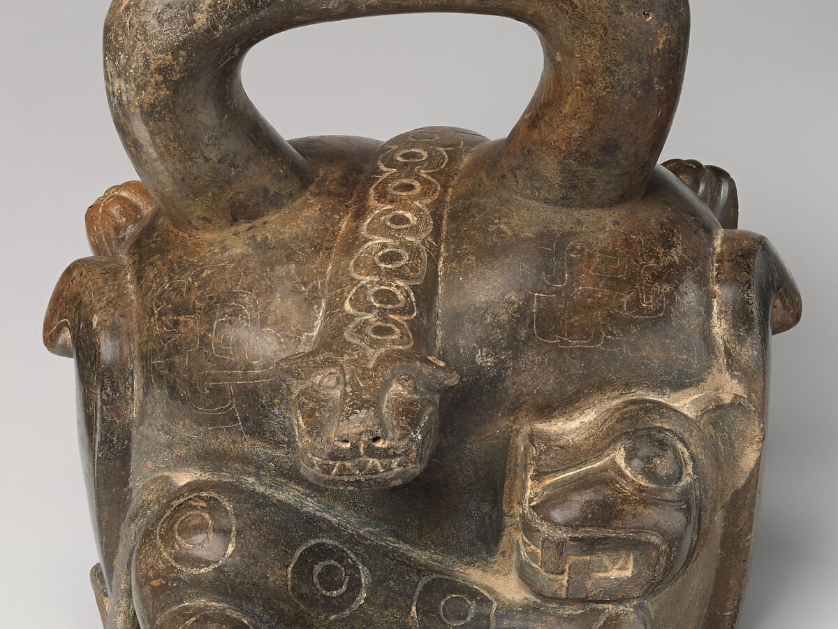 Stirrup-spout bottle with feline and snake, Cupisnique artist(s), Ceramic, Cupisnique