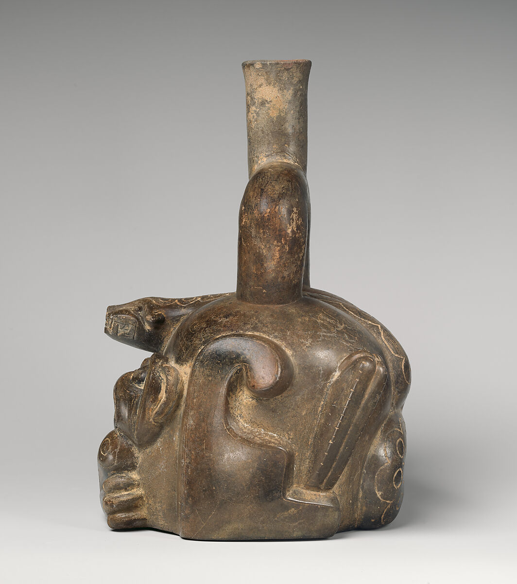 Stirrup-spout bottle with feline and snake, Cupisnique artist(s), Ceramic, Cupisnique