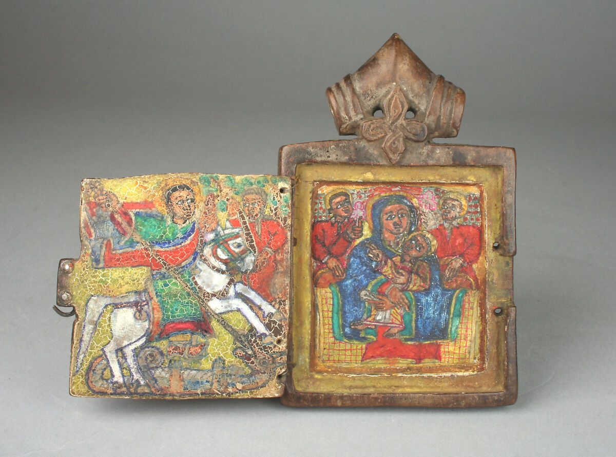 Pendant Icon: St. George, Virgin and Child Enthroned, Wood, pigment, metal hinge, Ethiopian 