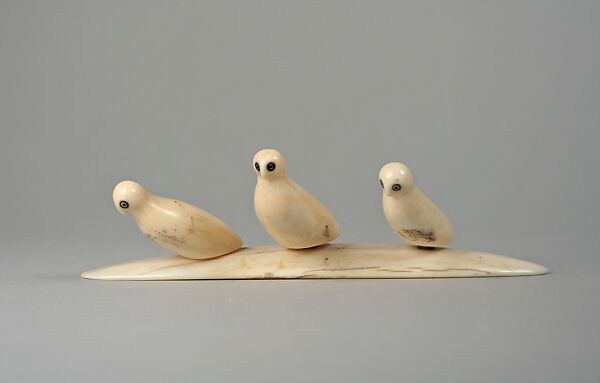 Three Ivory Owls on Base, Sarki, Ivory, Inuit 
