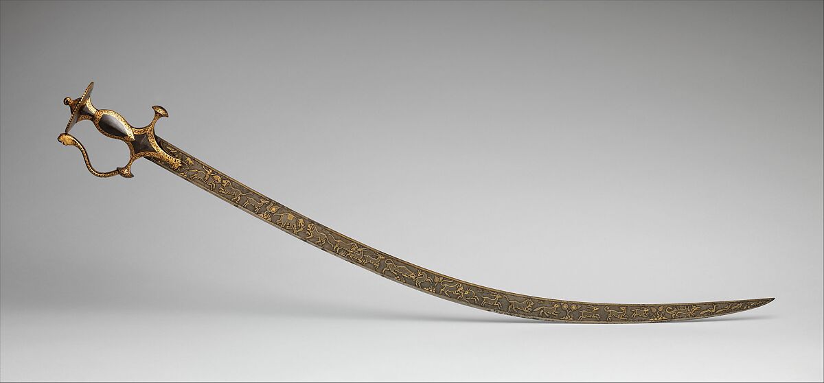 Hunting Sword (Shamshir Shikargar) with Modern Scabbard, Steel, gold, textile (velvet), wood, Indian, Rajasthan 