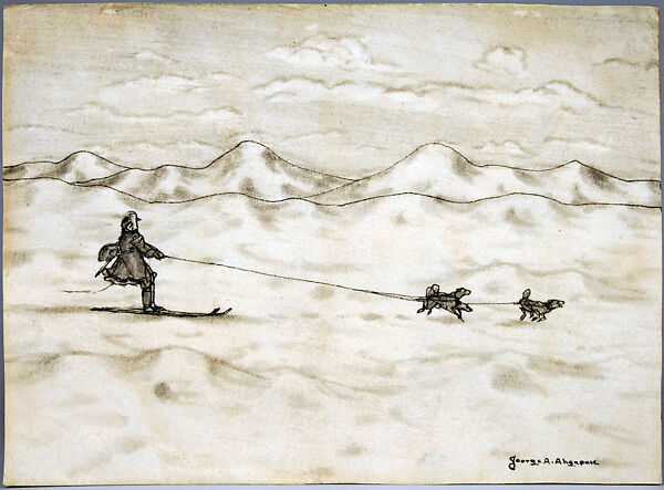 "Man Skiing with Dogs", George A. Ahgupach (Native American, Inuit, 1911–2001), Parchment, ink, blood serum, carbon, Inuit 