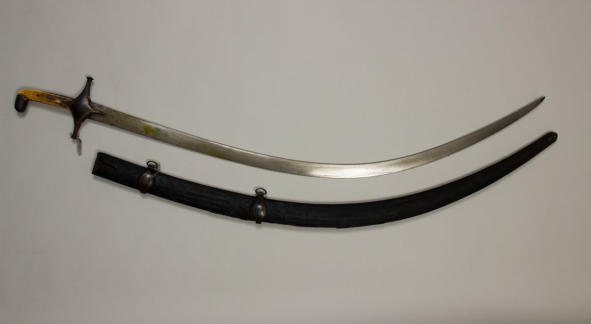 Sword (Shamshir) with Scabbard, Steel, gold, leather, Persian 