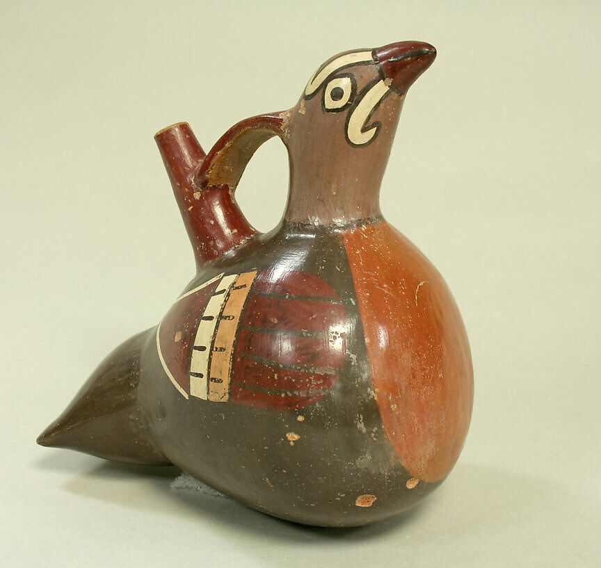 Bridge and Spout Bottle in Bird Form, Ceramic, pigment, Nasca 