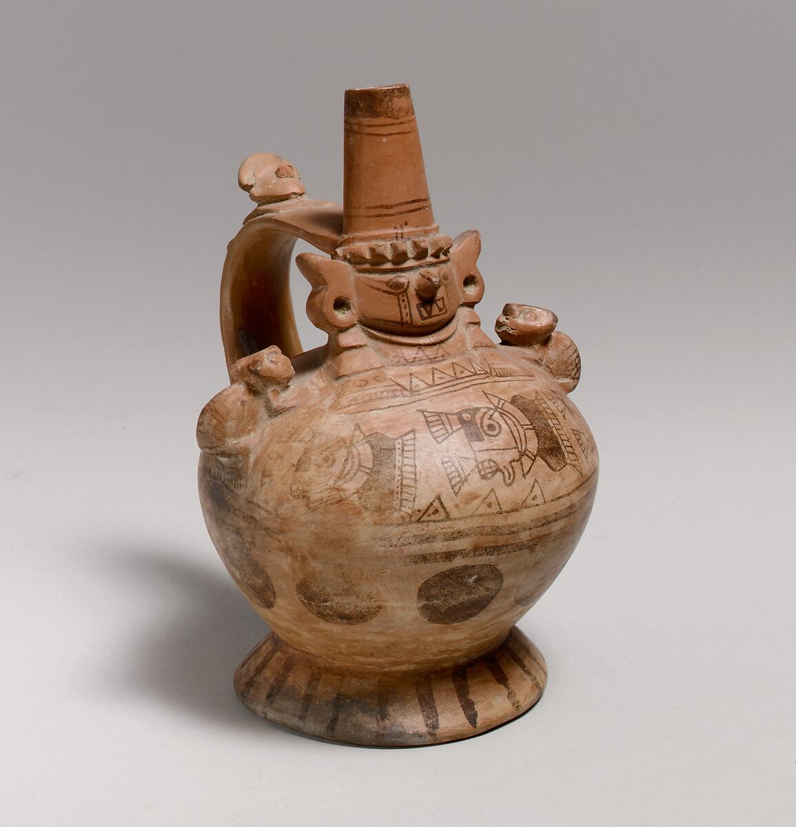 Bottle with mythic figure, Lambayeque (Sicán) artist(s), Ceramic, slip, post-fire pigment, Lambayeque (Sicán) 