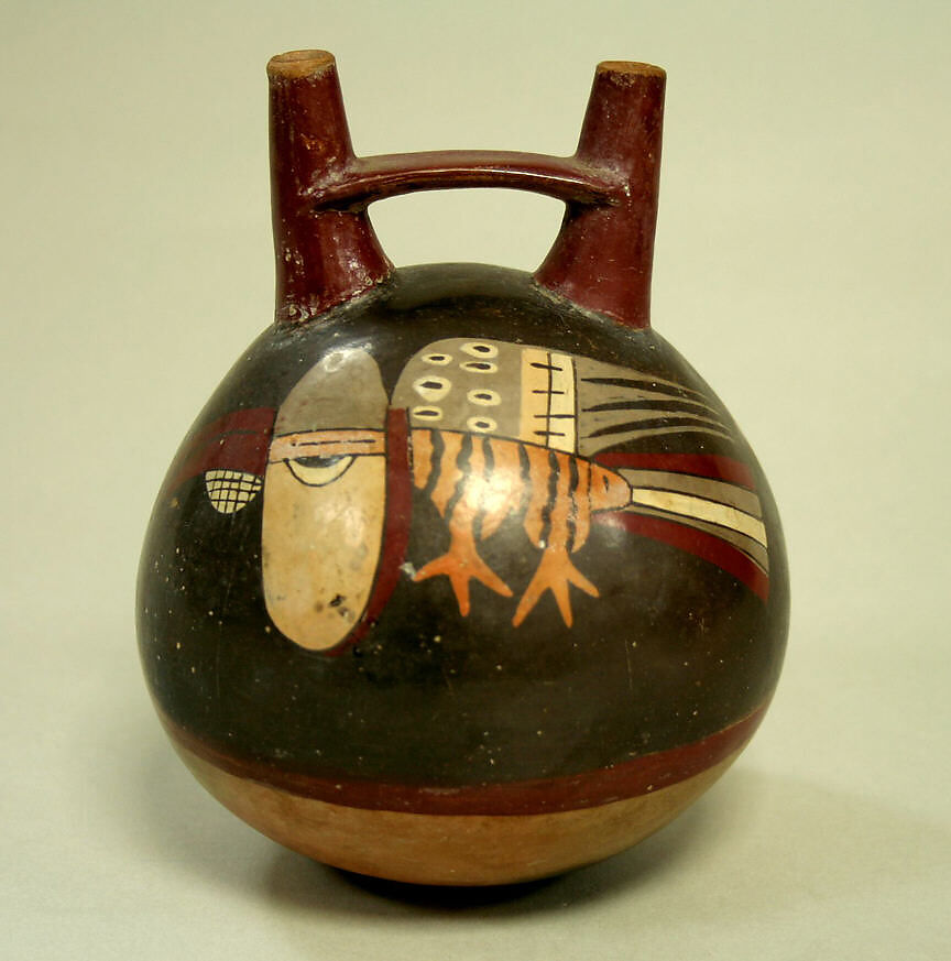 Double Spout and Bridge Bottle with Birds, Ceramic, pigment, Nasca 