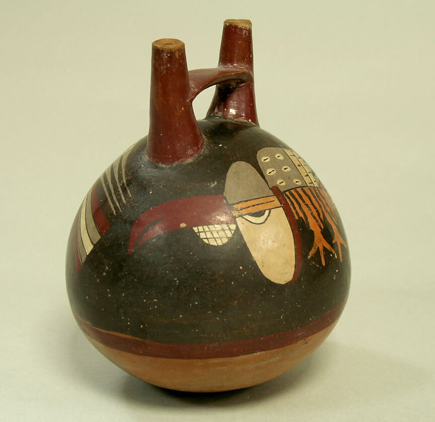 Double Spout and Bridge Bottle with Birds, Ceramic, pigment, Nasca