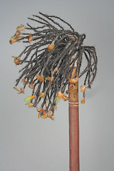 Spear Thrower, Wood, paint, cockatoo feathers, hair, Kalumburu Mission
