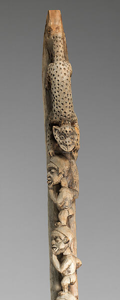 Palace pillar with male figures and leopard, Grassfields artist, Wood, pigment, Babanki