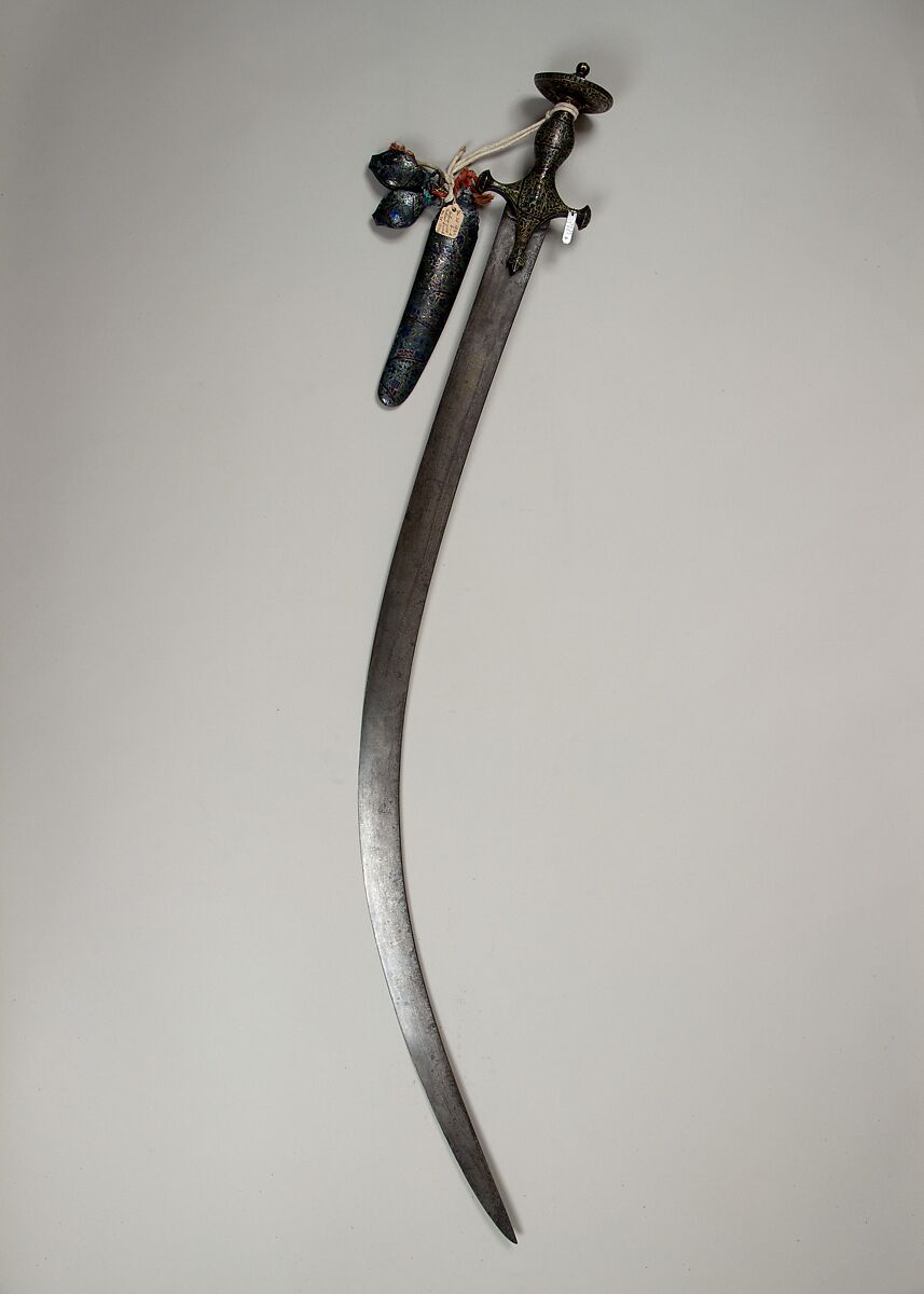 Sword (Shamshir) with Scabbard Chape and Sling Straps, Steel, gold, enamel, Indian 