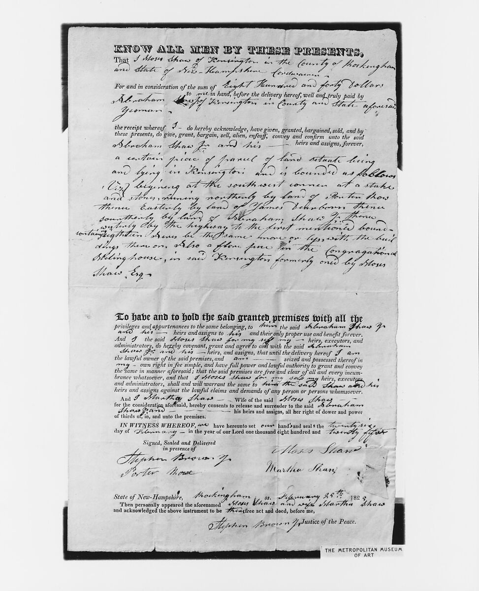 Manuscript Deed for Shaw Homestead, Kensington, New Hampshire, Parchment paper, American 