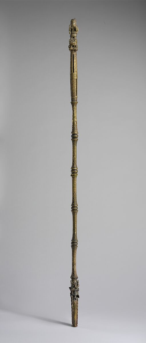 Rattle Staff: Oba Akenzua I Standing on an Elephant (Ukhurhe), Bronze, copper, iron, paint(?), Edo peoples 