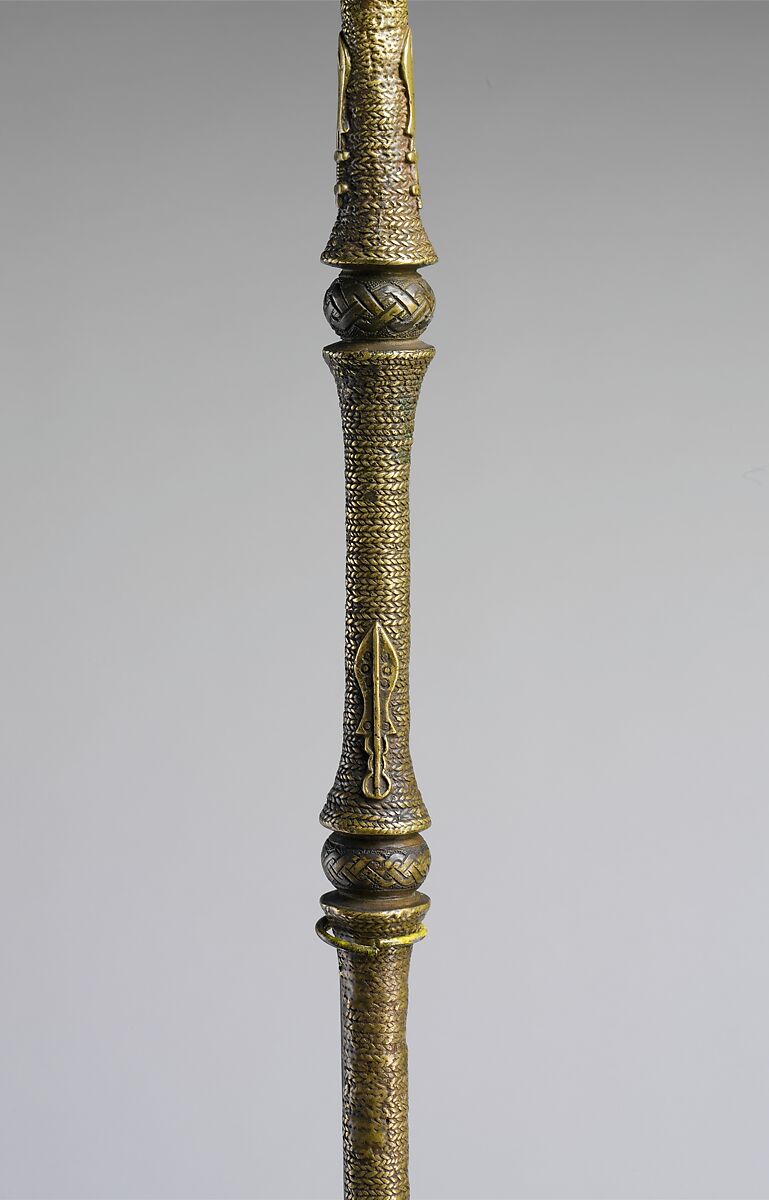Ukhurhe (rattle staff) with Ọ́bà Ákẹ́nzùa I, Ìgùn Ẹ́rọ̀nwwọ̀n (brass-casting guild) artists, Brass, copper, iron, Edo peoples