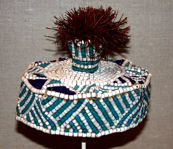 Prestige Cap (Laket mishiing), Raffia palm fiber, beads, wood, Kuba 