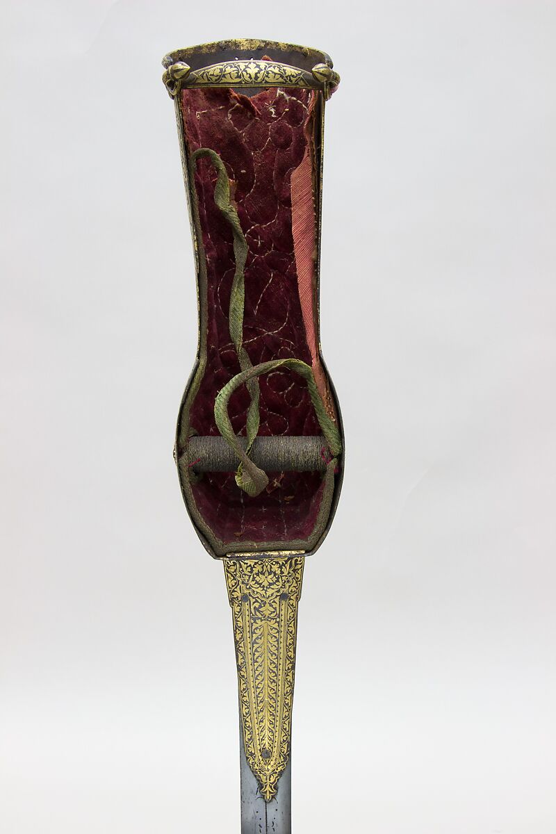 Gauntlet Sword (Pata) with Scabbard, Steel, gold, silver, textile (velvet), hilt, Indian; blade, European