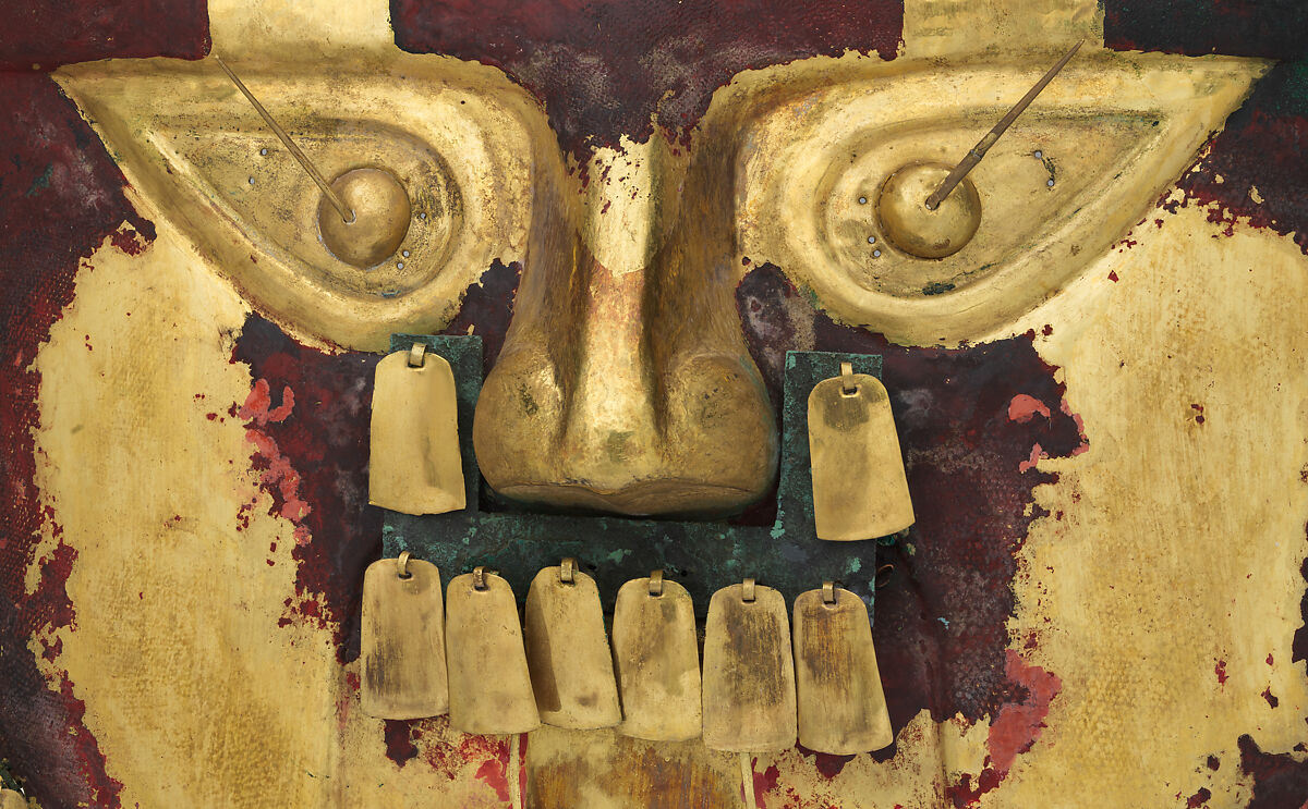 Funerary mask, Lambayeque (Sicán) artist(s), Gold, silver-copper alloy, cinnabar, Lambayeque (Sicán)