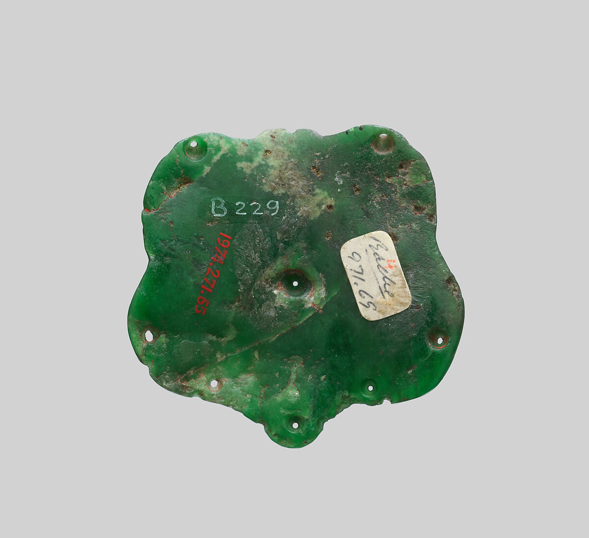 Zoomorphic ornament, Mesoamerican artist(s), Jadeite, pigment, Lowland Maya