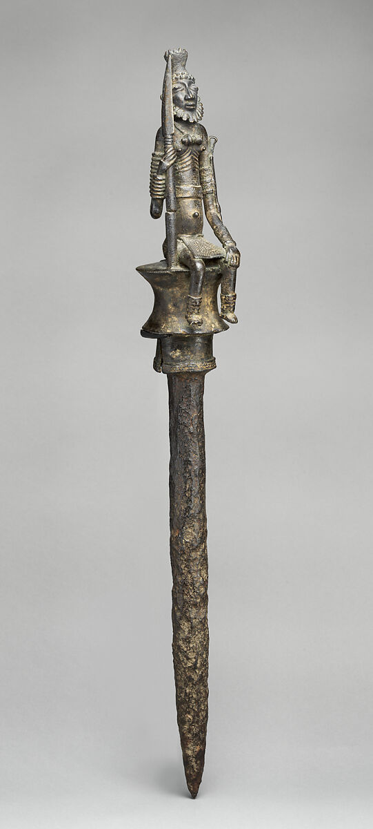 Staff with seated male leader, Dogon or Bozo blacksmith, Copper alloy, iron, Dogon or Bozo