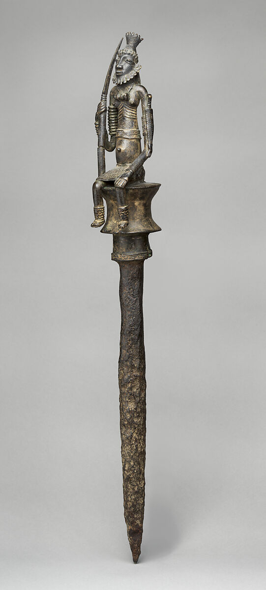 Staff with seated male leader, Dogon or Bozo blacksmith, Copper alloy, iron, Dogon or Bozo