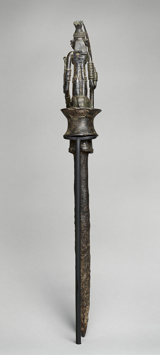 Staff with seated male leader, Dogon or Bozo blacksmith, Copper alloy, iron, Dogon or Bozo