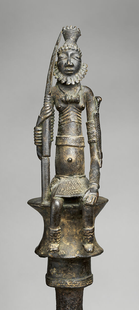 Staff with seated male leader, Dogon or Bozo blacksmith, Copper alloy, iron, Dogon or Bozo