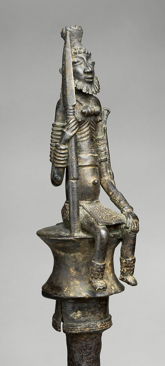 Staff with seated male leader, Dogon or Bozo blacksmith, Copper alloy, iron, Dogon or Bozo