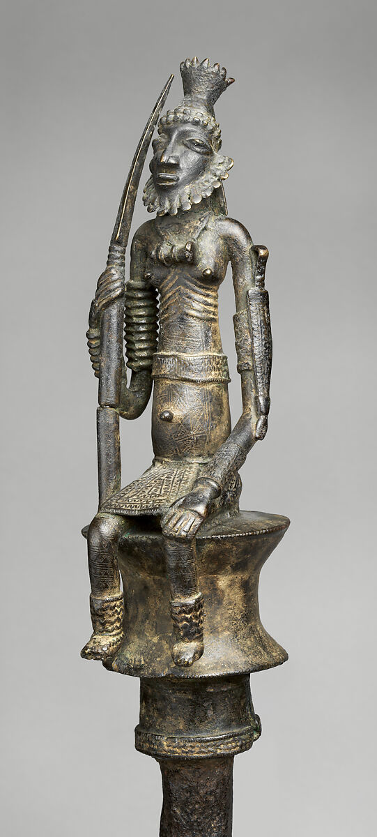 Staff with seated male leader, Dogon or Bozo blacksmith, Copper alloy, iron, Dogon or Bozo
