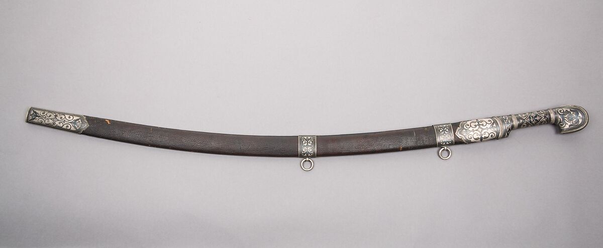 Sword with Scabbard, Steel, leather, silver, Caucasian
