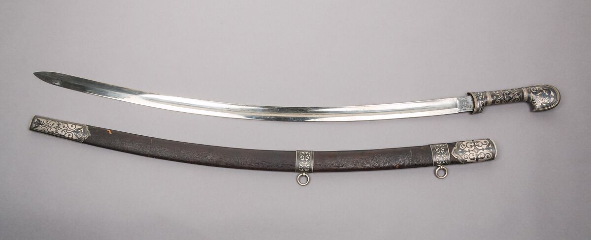 Sword with Scabbard, Steel, leather, silver, Caucasian