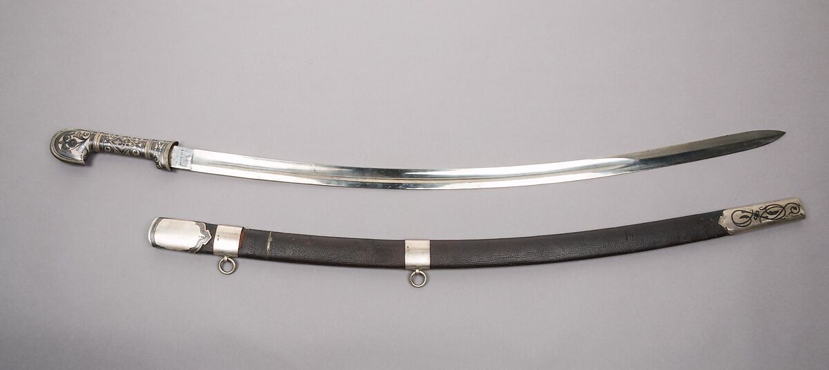 Sword with Scabbard, Steel, leather, silver, Caucasian