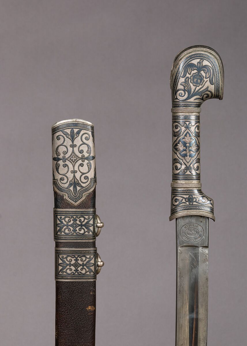 Sword with Scabbard, Steel, leather, silver, Caucasian 
