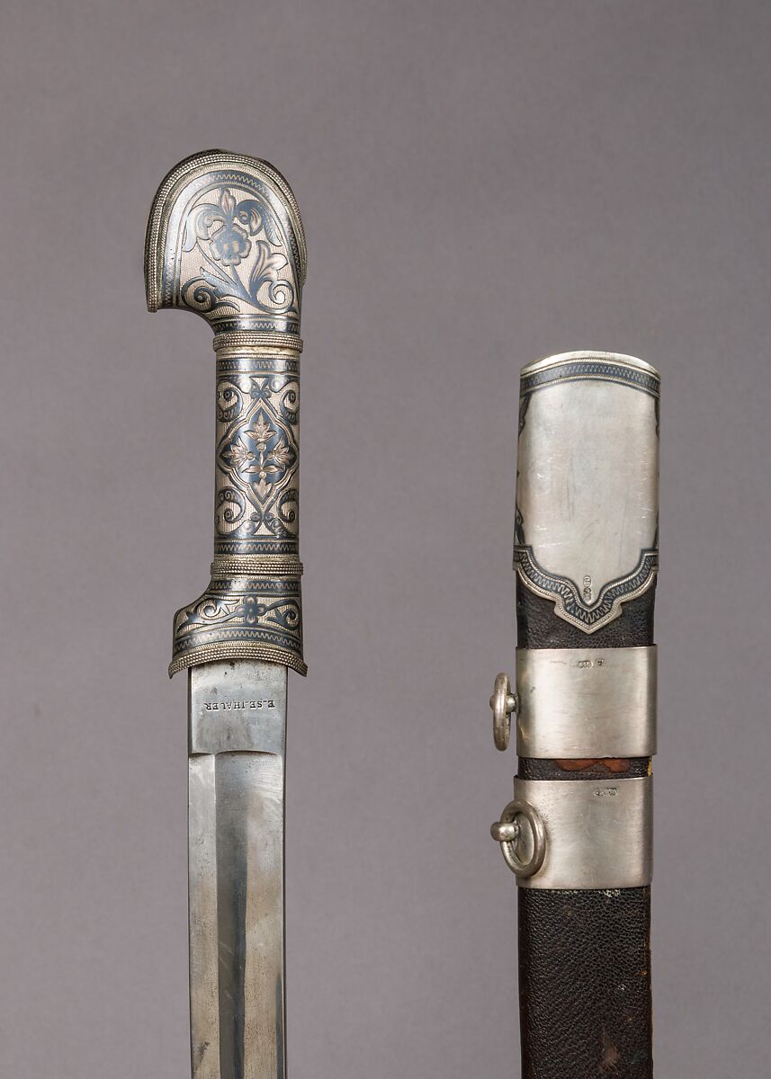 Sword with Scabbard, Steel, leather, silver, Caucasian