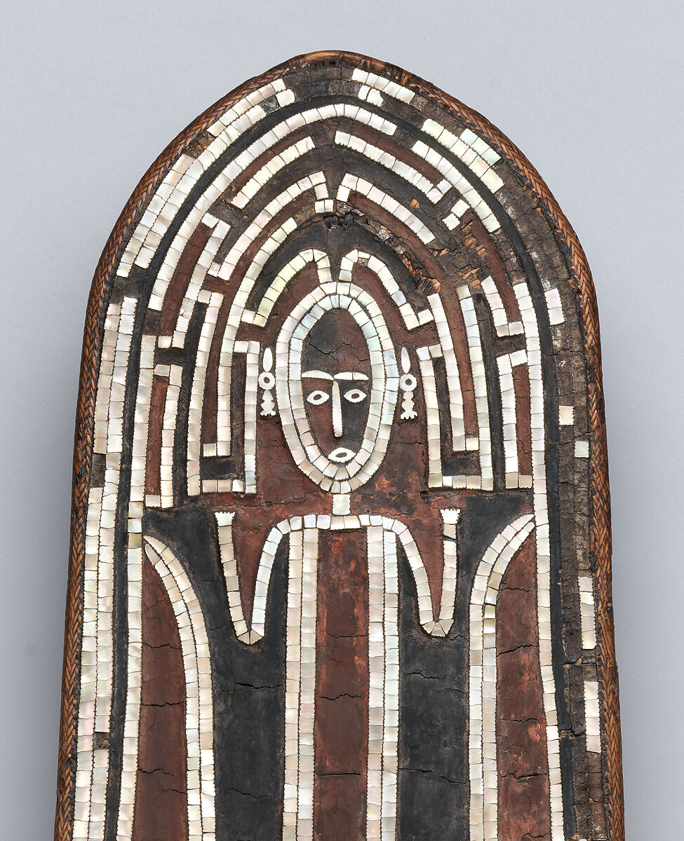Grere'o (shield), Solomon Islander artist, Fiber, parinarium-nut paste, chambered-nautilus shell, pigment, Solomon Islands people
