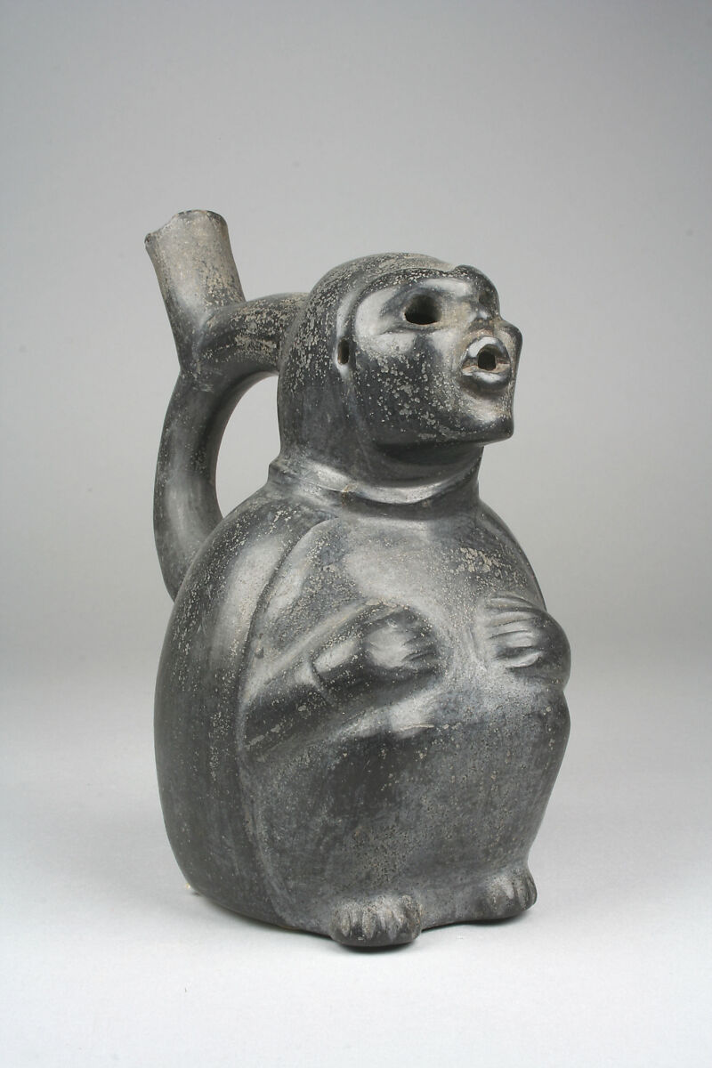 Figure Bottle, Ceramic, slip, pigment, Moche 