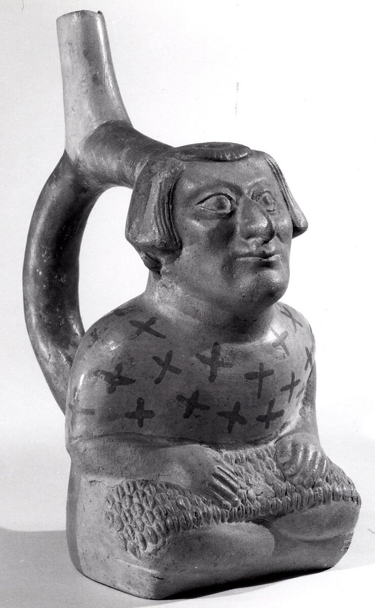 Bottle, Seated Figure, Ceramic, slip, pigment, Moche