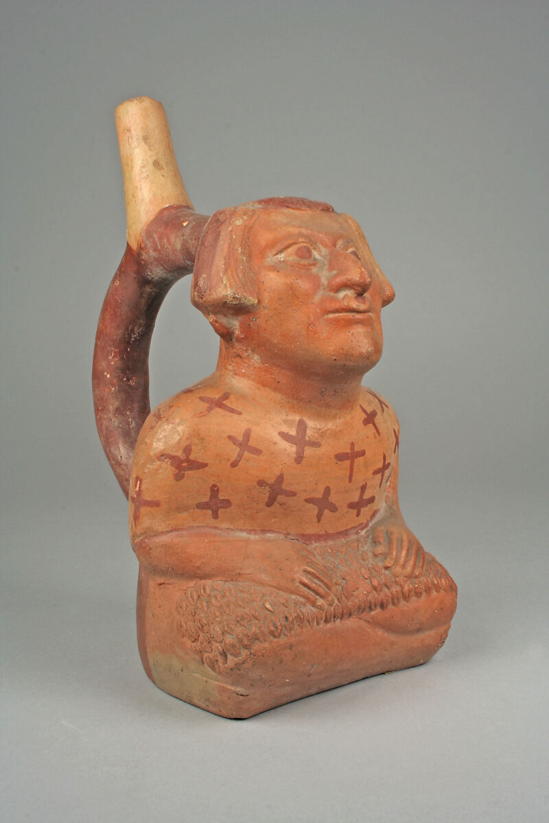 Bottle, Seated Figure, Ceramic, slip, pigment, Moche 